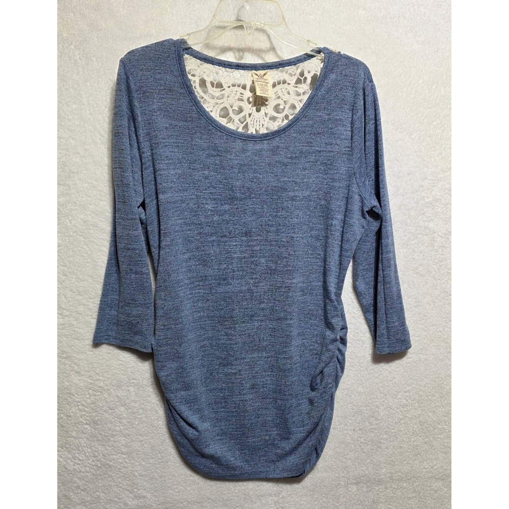 Faded Glory Blue Heathered Top Lace Back 3/4‎ Sleeve Size L Scoop Neck